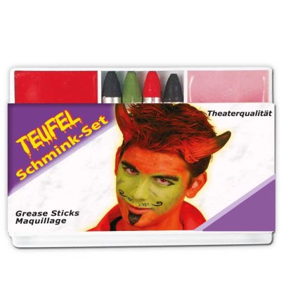 Teufel Kostüm – Umhang mit Dreizack & Schmink-Set – Größen 98, 104/116, 128/140