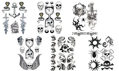 Hautaufkleber Totenkopf Tattoos Gruseldeko Horror Sticker Black Schwarz Biker Pirat Punk Abziehbilder Klebe-Tattoos 6 Bögen Versch. Motive
