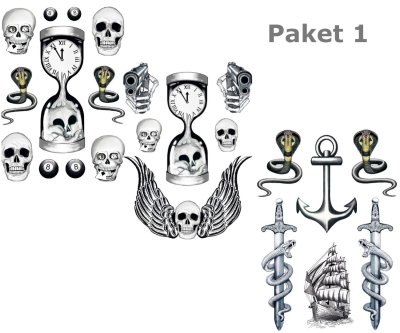Hautaufkleber Totenkopf Tattoos Gruseldeko Horror Sticker Black Schwarz Biker Pirat Punk Abziehbilder Klebe-Tattoos 6 Bögen Versch. Motive