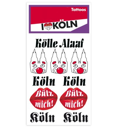 Tattoos, Köln, Karneval, Kölle Alaaf, Hautaufkleber, Wappen, Dom, Bütz mich, Clown, Accessoire, bunte Tattoos