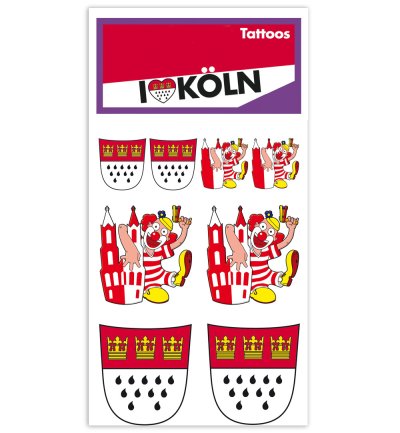Tattoos, Köln, Karneval, Kölle Alaaf, Hautaufkleber, Wappen, Dom, Bütz mich, Clown, Accessoire, bunte Tattoos