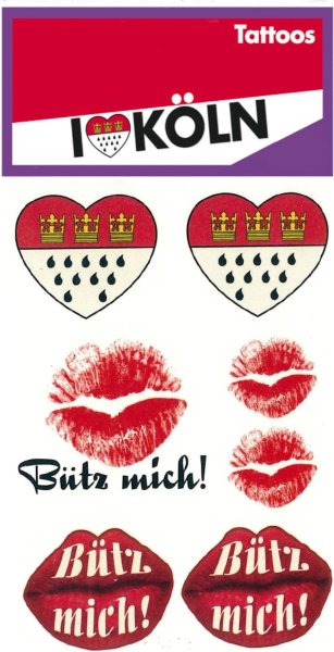 Tattoos, Köln, Karneval, Kölle Alaaf, Hautaufkleber, Wappen, Dom, Bütz mich, Clown, Accessoire, bunte Tattoos