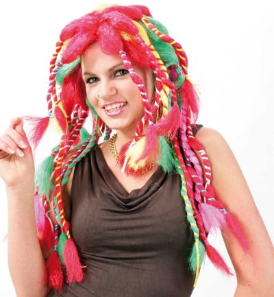 Perücke "Sally", multicolor, lange Dreadlocks in grün-rot-gelb