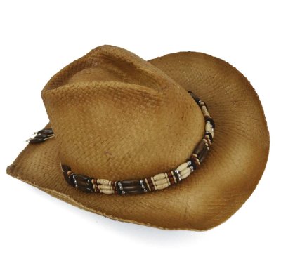 Strohut mit Holzdeko, Cowboyhut, Sommerhut, Sonnenhut, Karneval