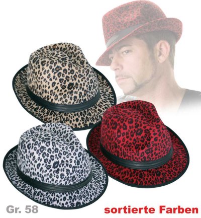 Hut Trilby Leo-Design, sortierte Farben, Gr. 58 cm, Samtoptik, Mottoparty, Partyhut, Karneval, Trilby Hut, Fashion Hut, Discohut