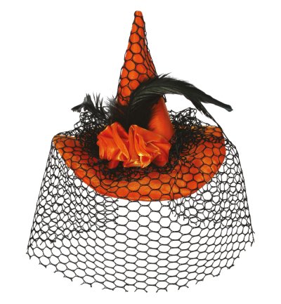 Hexenhut mit Clip in Orange für Erwachsene mit Netz und Rosen Halloween Haarschmuck Kopfbedeckung