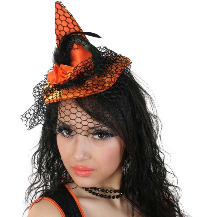 Hexenhut mit Clip in Orange für Erwachsene mit Netz und Rosen Halloween Haarschmuck Kopfbedeckung