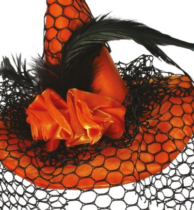Hexenhut mit Clip in Orange für Erwachsene mit Netz und Rosen Halloween Haarschmuck Kopfbedeckung