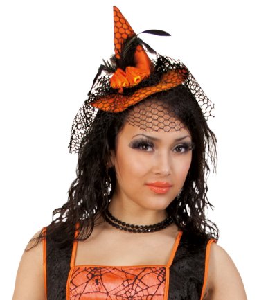 Hexenhut mit Clip in Orange für Erwachsene mit Netz und Rosen Halloween Haarschmuck Kopfbedeckung