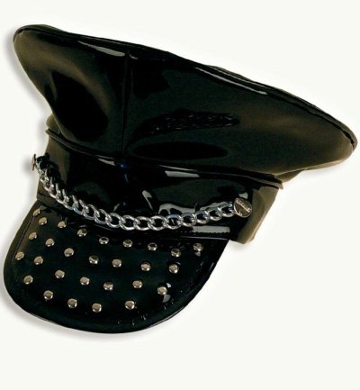 Rocker-Kappe riesig schwarz Pailletten silber Cap Mütze Lack glänzend edel rockig Kopfbedeckung tief-schwarz silber Kette Style