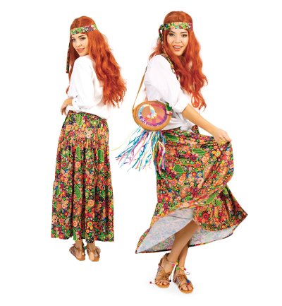 Hippie Rock Damen – Langer Blumenrock & Stirnband – 70er Jahre Flower Power Outfit