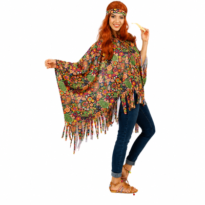 Hippie Poncho Kostüm Damen 1-tlg. – Flower Power Cape mit Fransen & Stirnband – 70er Jahre Verkleidung Karneval Fasching Motto-Party