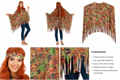 Hippie Poncho Kostüm Damen 1-tlg. – Flower Power Cape mit Fransen & Stirnband – 70er Jahre Verkleidung Karneval Fasching Motto-Party
