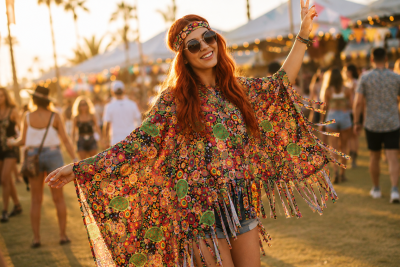 Hippie Poncho Kostüm Damen 1-tlg. – Flower Power Cape mit Fransen & Stirnband – 70er Jahre Verkleidung Karneval Fasching Motto-Party
