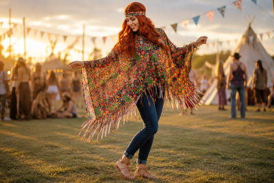Hippie Poncho Kostüm Damen 1-tlg. – Flower Power Cape mit Fransen & Stirnband – 70er Jahre Verkleidung Karneval Fasching Motto-Party