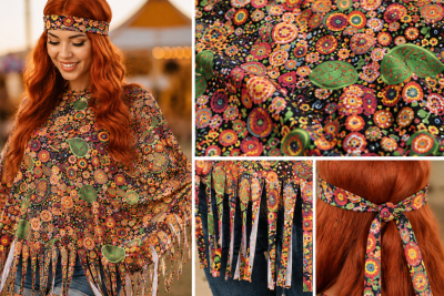 Hippie Poncho Kostüm Damen 1-tlg. – Flower Power Cape mit Fransen & Stirnband – 70er Jahre Verkleidung Karneval Fasching Motto-Party