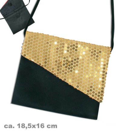 Umhängetasche mit Pailletten verziert, DREI versch. Farben, Silvester, Partyzubehör, Accessoire (Schwarz Gold)