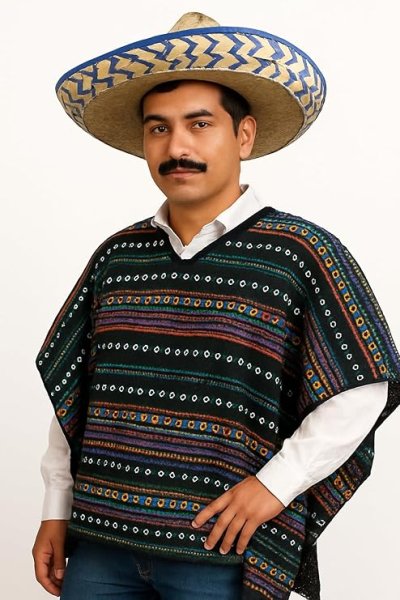 Kostüm Set Poncho und Sombrero 2-tlg. Hut Mexikaner und Poncho El Taco bunt gestreift in Einheitsgröße