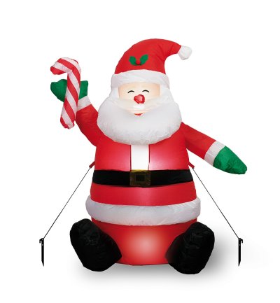 Aufblasbarer Weihnachtsmann mit LED – 122 cm – Sitzende Santa-Deko mit Zuckerstange für Garten & Haus