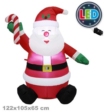 Aufblasbarer Weihnachtsmann mit LED – 122 cm – Sitzende Santa-Deko mit Zuckerstange für Garten & Haus