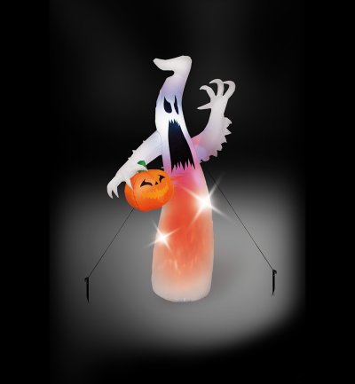 Halloweenfigur Geist mit LED & Kürbis | 245 x 102 x 65 cm | wetterfest & selbstaufbauend, Leuchtende Dekofigur mit Gebläse für Garten & Eingang