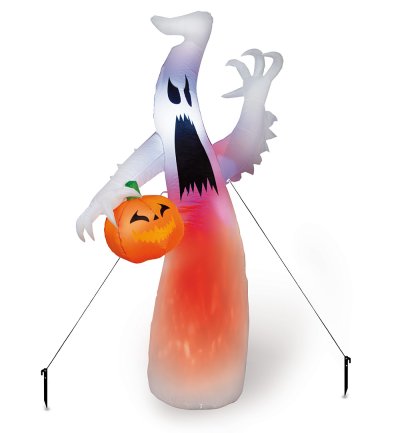 Halloweenfigur Geist mit LED & Kürbis | 245 x 102 x 65 cm | wetterfest & selbstaufbauend, Leuchtende Dekofigur mit Gebläse für Garten & Eingang