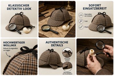 Sherlock Holmes Detektiv Set 3-teilig – Kostüm Zubehör für Erwachsene mit Mütze, Pfeife & Lupe – ideal für Karneval & Mottoparty