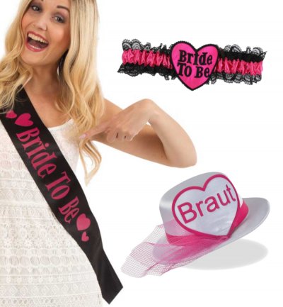 JGA_Brautparty_Set_Packet_Schaerpe_pink_Hut_Strumpfband_Braut