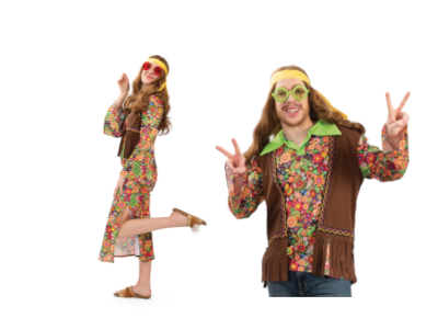 Hippie Kostüm Erwachsene Damen oder Herren – 70er Jahre Outfit mit Buntem Blumenmuster & Brauner Fransenweste – Flower Power Verkleidung