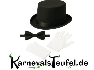 Zubehör Set für Herren – Zylinderhut, weiße Handschuhe, Fliege