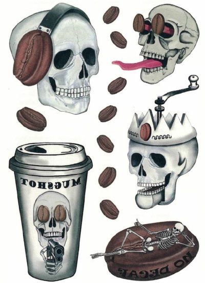 Hautaufkleber Black Coffee Totenkopf Tattoos Grusel Horror 3 Bögen