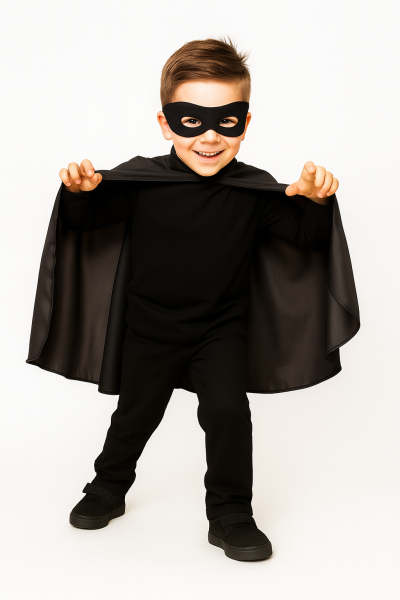 Superhelden Kostüm – Schwarzer Umhang & Maske für Jungen & Mädchen – Größen 98, 104/116, 128/140
