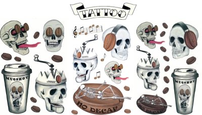 Hautaufkleber Black Coffee Totenkopf Tattoos Grusel Horror 3 Bögen