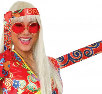 Hippie Set Hippie-Kleid 60er Jahre Damenkostüm Brille Haarband Peace-Kette
