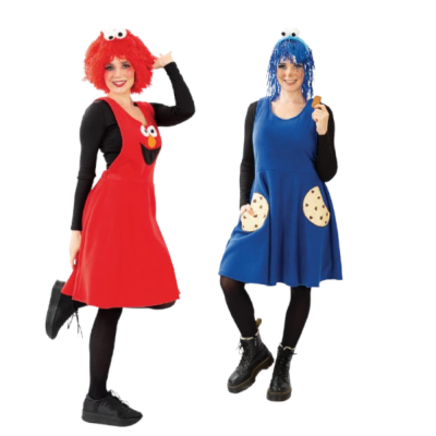 Keks Krümel oder Kuschel für Erwachsene Buntes Monster Kleid für Erwachsene - Lustige Kleider mit Haarreif in blau oder rot, knielang