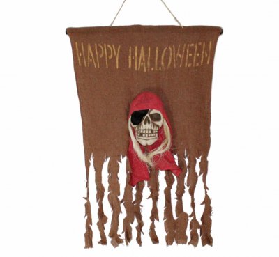 Halloween-Flagge Happy Halloween mit Piratenschädel Maße ca. 65 x 52cm Fahne Karneval Mottoparty Dekoration