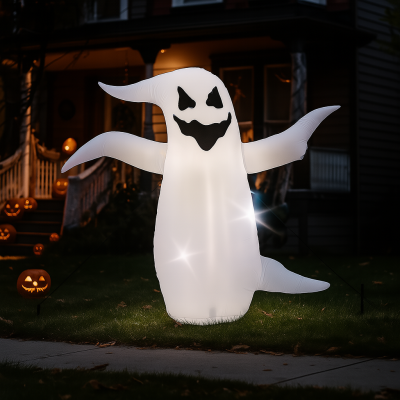 Aufblasbarer Halloween Geist mit LED – 90 cm | Leuchtende Dekofigur für Innen & Außen | Weiß mit Gruselgesicht