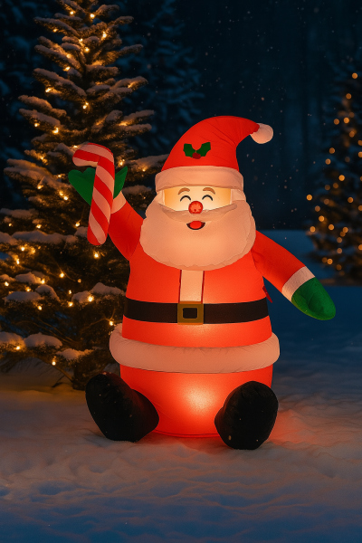 Aufblasbarer Weihnachtsmann mit LED – 122 cm – Sitzende Santa-Deko mit Zuckerstange für Garten & Haus