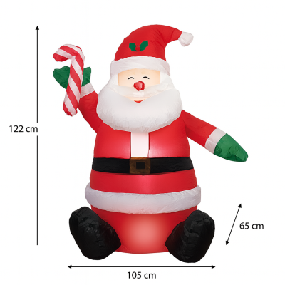 Aufblasbarer Weihnachtsmann mit LED – 122 cm – Sitzende Santa-Deko mit Zuckerstange für Garten & Haus