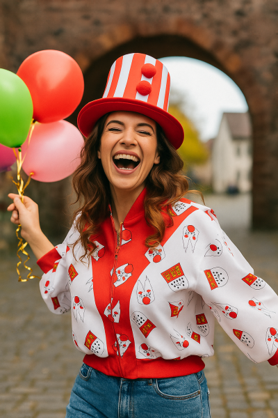 Damen Kostüm Jacke Rot-Weiß mit Clown & Köln-Wappen Design – Stylischer Blouson im kölschenen Stil, bequemer Schnitt mit Reißverschluss