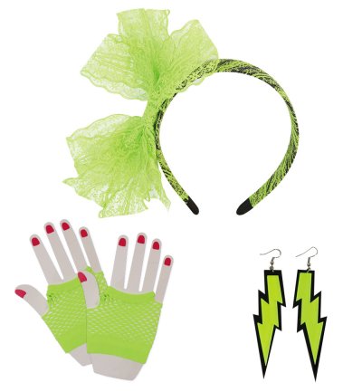 80er-Jahre-Kostüm-Zubehör-Set 6 tlg. Neon Rock Handschuhe, Ohrringe Haarreif Schleife Retro Style Bad Taste Accessoire