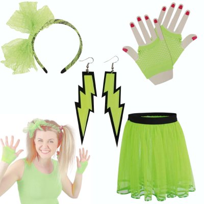 80er-Jahre-Kostüm-Zubehör-Set 6 tlg. Neon Rock Handschuhe, Ohrringe Haarreif Schleife Retro Style Bad Taste Accessoire