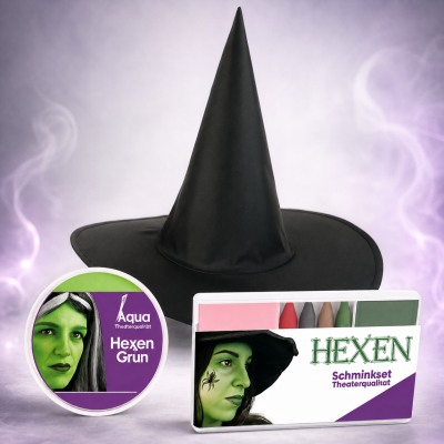 Hexenhut mit Schminkset – Halloween Kostümzubehör in Theaterqualität – Wahl zwischen Hexengrün oder Schminkset für Hexen