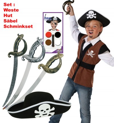 Piraten-Set für Kinder, Kostüm-Set bestehend aus Weste, Hut, Säbel und Schminke