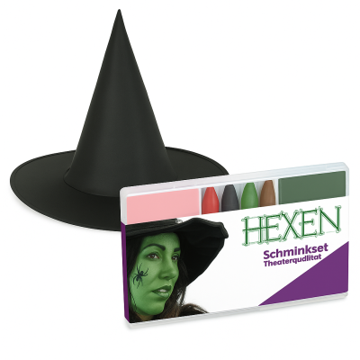 Hexenhut mit Schminkset – Halloween Kostümzubehör in Theaterqualität – Wahl zwischen Hexengrün oder Schminkset für Hexen
