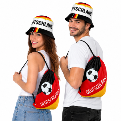 Deutschland Fan-Set mit Fischerhut & Turnbeutel – Schwarz Rot Gold Fanartikel für EM, WM, Stadion & Public Viewing
