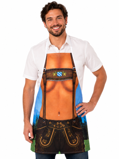 Herr trägt Bayern Schürze im Lederhosen-Design für Grillen, Küche und Mottoparty