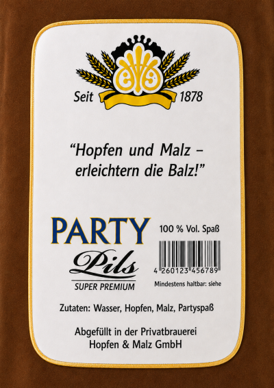 Detailansicht des rückseitigen Etiketts am Bierflaschen Kostüm