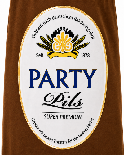 Detailansicht des vorderen Party Pils Etiketts am Bierflaschen Kostüm