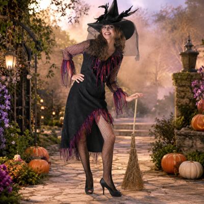 Damenkostüm Hexe Feodora in Schwarz mit violetten Fransen vor einer mystischen Halloween-Kulisse